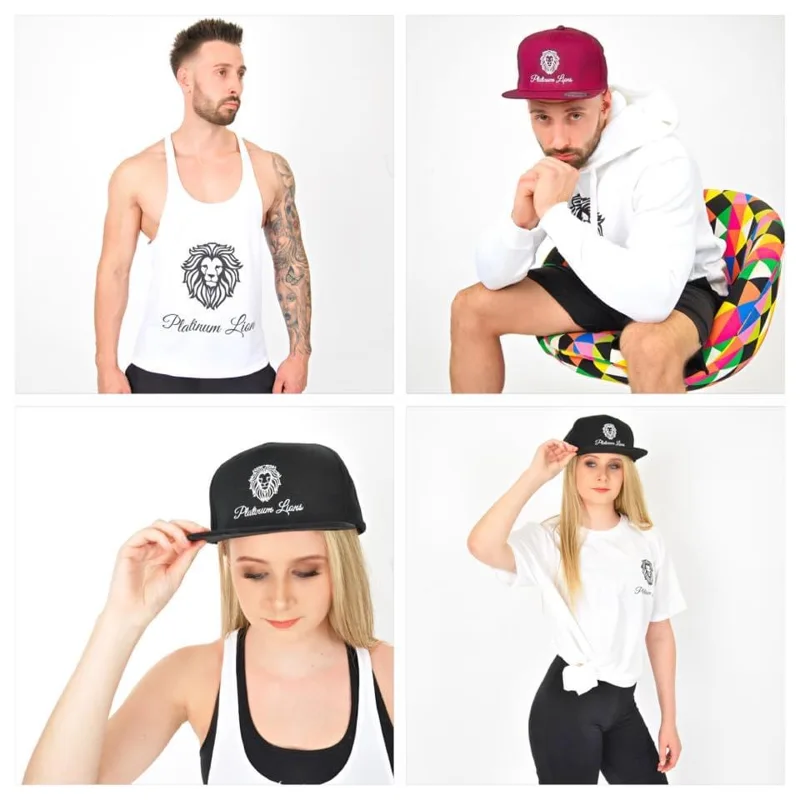 Studio collage showcasing branded clothing and caps