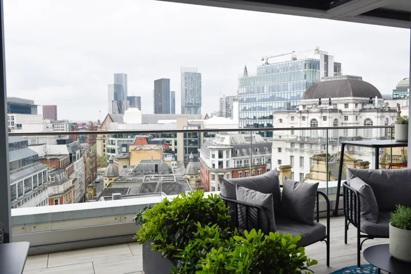 Business terrace seating overlooking the city skyline