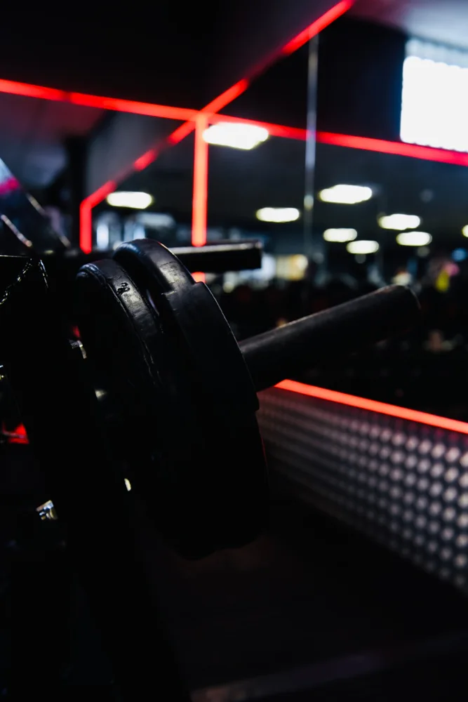 Weight plates beside a mirrored gym wall
