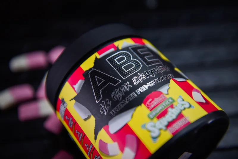 Close-up of a colourful pre-workout product