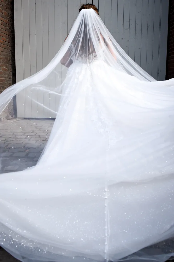 Bride with a flowing veil and wedding train